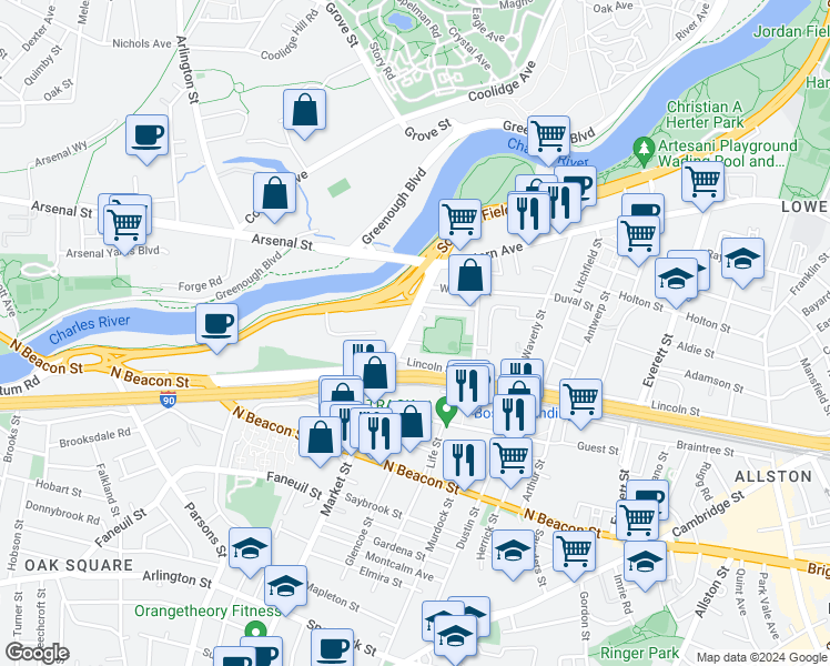 map of restaurants, bars, coffee shops, grocery stores, and more near in Boston