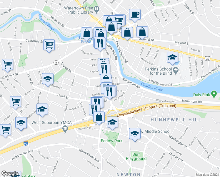 map of restaurants, bars, coffee shops, grocery stores, and more near in Watertown