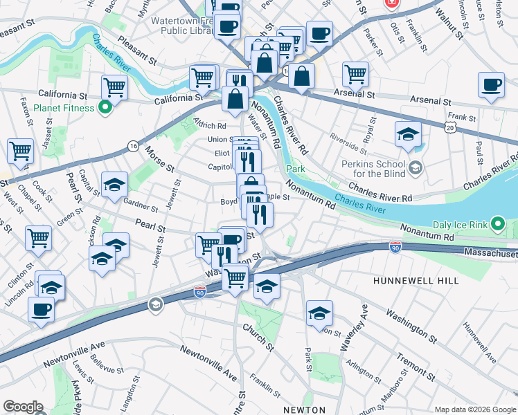 map of restaurants, bars, coffee shops, grocery stores, and more near in Watertown