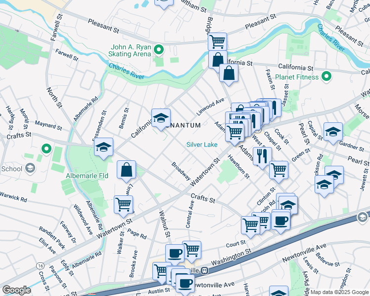 map of restaurants, bars, coffee shops, grocery stores, and more near 280 Nevada Street in Newton