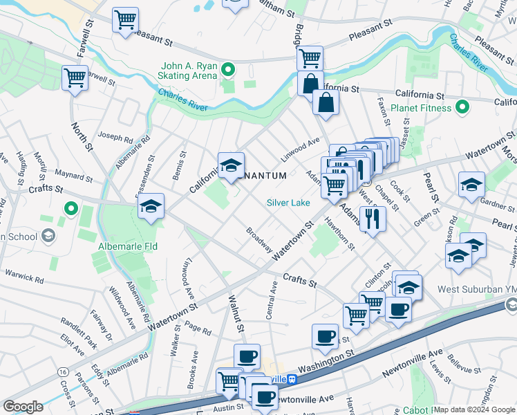 map of restaurants, bars, coffee shops, grocery stores, and more near 280 Nevada Street in Newton