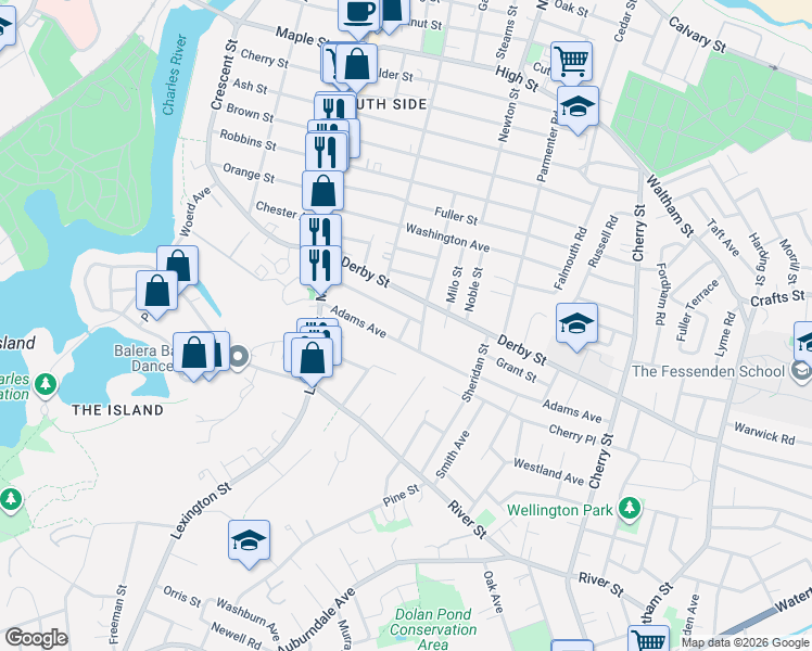 map of restaurants, bars, coffee shops, grocery stores, and more near 67 Underwood Avenue in Newton