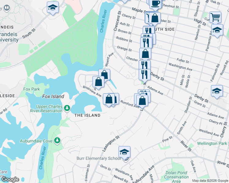 map of restaurants, bars, coffee shops, grocery stores, and more near 52 Rumford Avenue in Waltham
