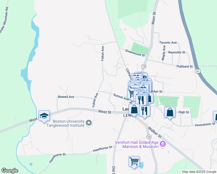 map of restaurants, bars, coffee shops, grocery stores, and more near 40 Sunset Avenue in Lenox