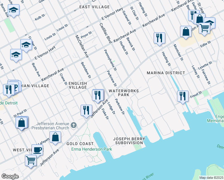 map of restaurants, bars, coffee shops, grocery stores, and more near 1268 McClellan Avenue in Detroit