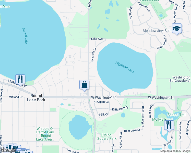 map of restaurants, bars, coffee shops, grocery stores, and more near 34069 South Circle Drive in Grayslake