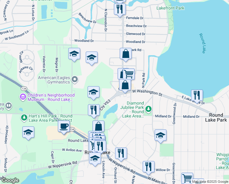 map of restaurants, bars, coffee shops, grocery stores, and more near 618 North Cedar Lake Road in Round Lake