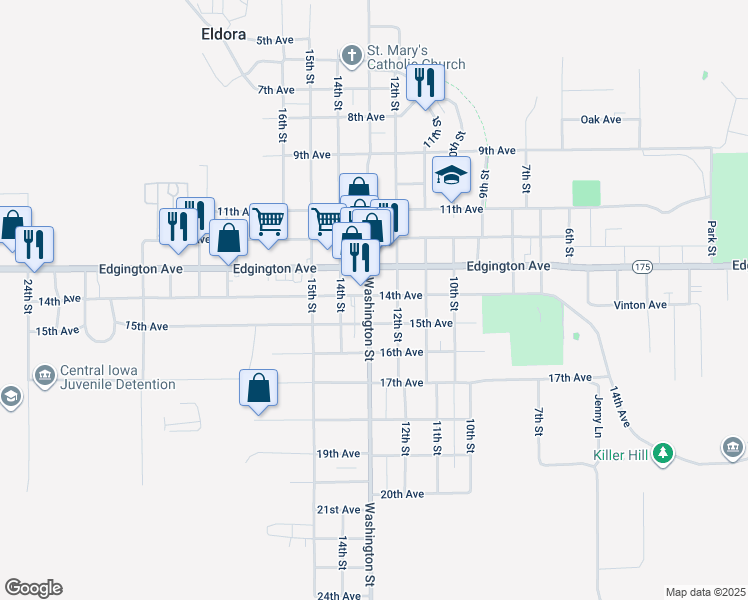 map of restaurants, bars, coffee shops, grocery stores, and more near 1215 Edgington Ave in Eldora