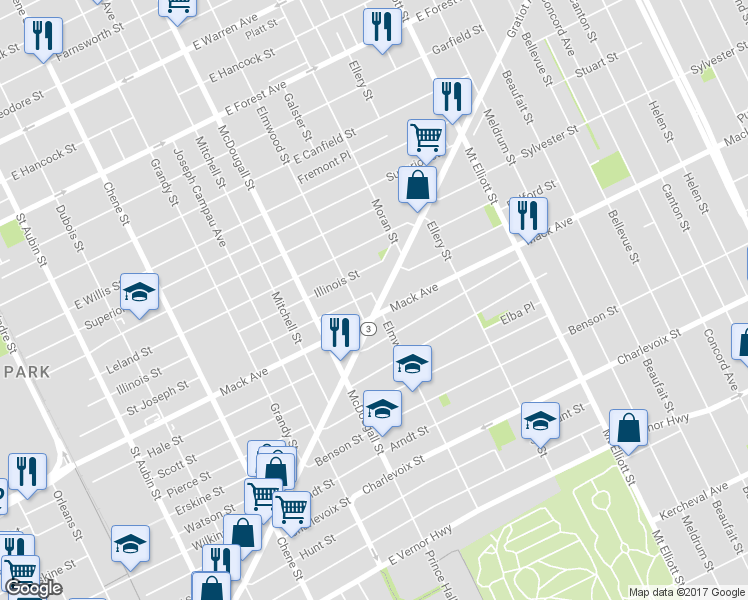 map of restaurants, bars, coffee shops, grocery stores, and more near 3347 Gratiot Avenue in Detroit