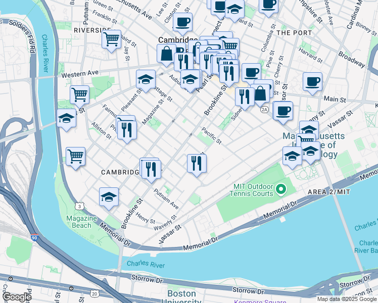 map of restaurants, bars, coffee shops, grocery stores, and more near 12 Emily Street in Cambridge