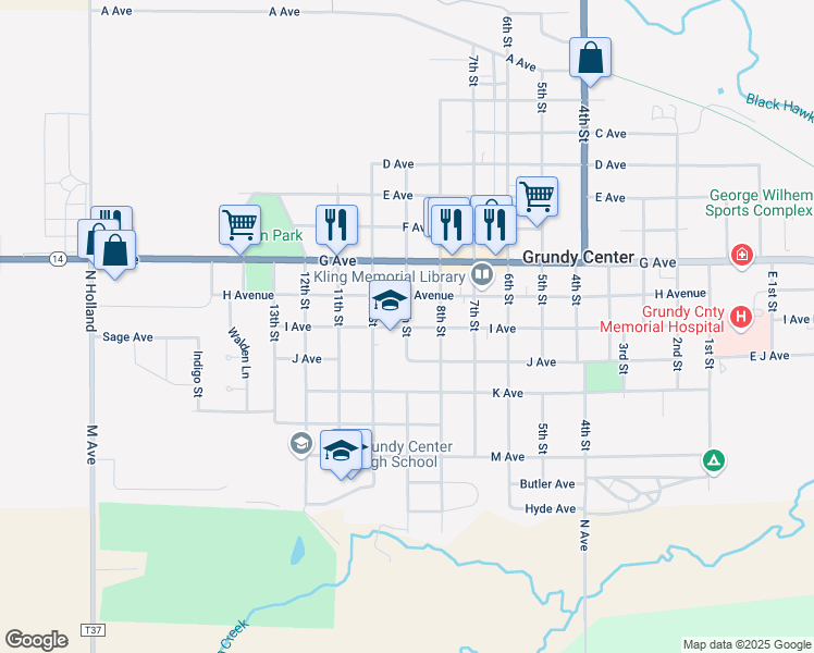 map of restaurants, bars, coffee shops, grocery stores, and more near 898 9th Street in Grundy Center