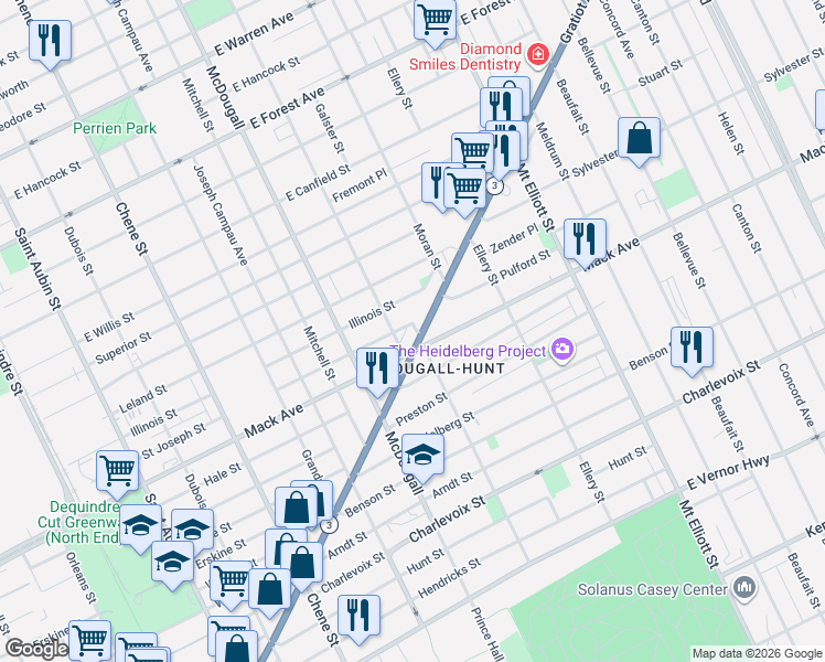 map of restaurants, bars, coffee shops, grocery stores, and more near 3347 Gratiot Avenue in Detroit