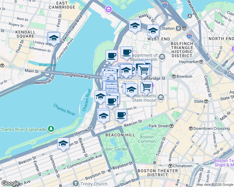 map of restaurants, bars, coffee shops, grocery stores, and more near 89 Revere Street in Boston