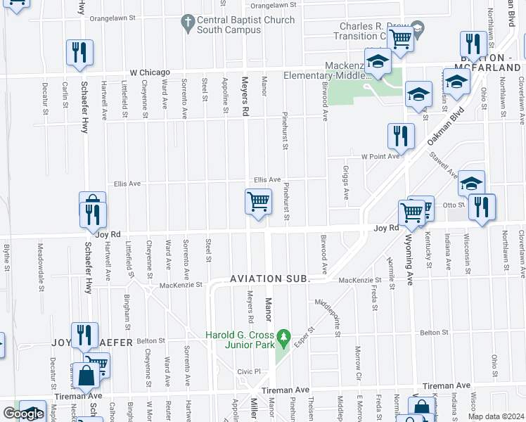 map of restaurants, bars, coffee shops, grocery stores, and more near 8853 Manor Street in Detroit
