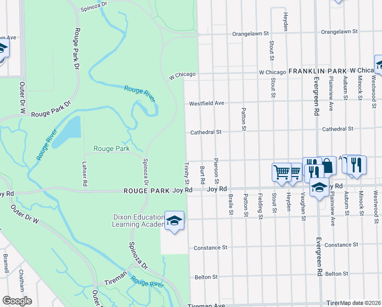 map of restaurants, bars, coffee shops, grocery stores, and more near 9060 Trinity Street in Detroit
