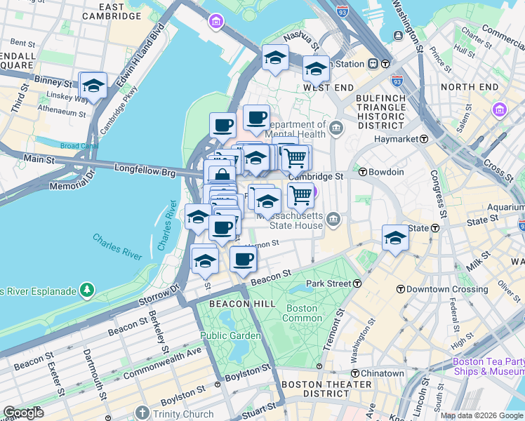 map of restaurants, bars, coffee shops, grocery stores, and more near 34 Grove Street in Boston