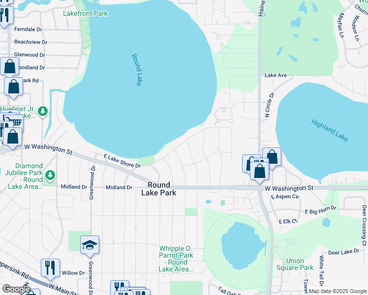 map of restaurants, bars, coffee shops, grocery stores, and more near 417 East Lake Shore Drive in Round Lake Park