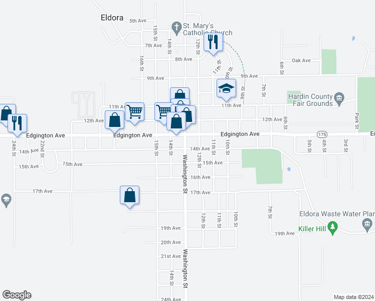 map of restaurants, bars, coffee shops, grocery stores, and more near 1215 Edgington Ave in Eldora