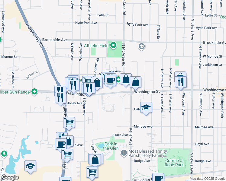 map of restaurants, bars, coffee shops, grocery stores, and more near 2626 Washington St in Waukegan