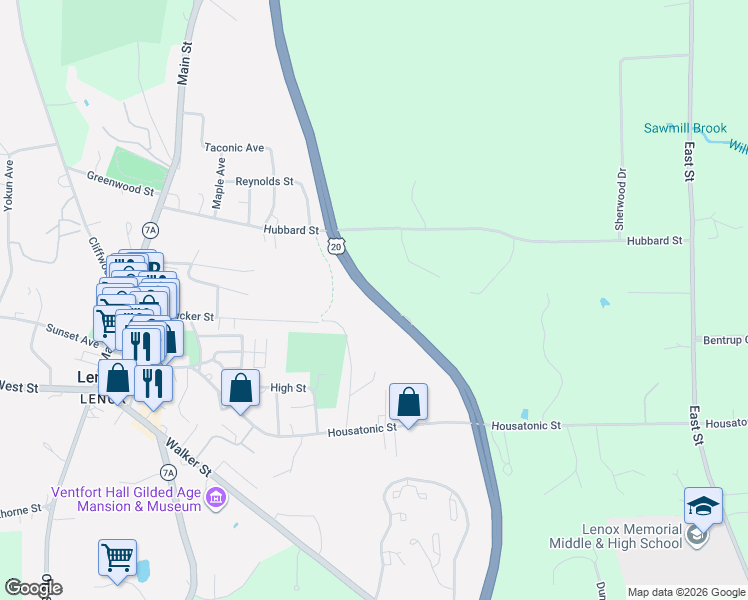 map of restaurants, bars, coffee shops, grocery stores, and more near U.S. 7 in Lenox