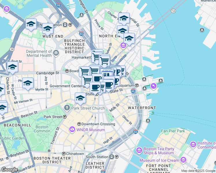 map of restaurants, bars, coffee shops, grocery stores, and more near 1 Faneuil Hall Square in Boston