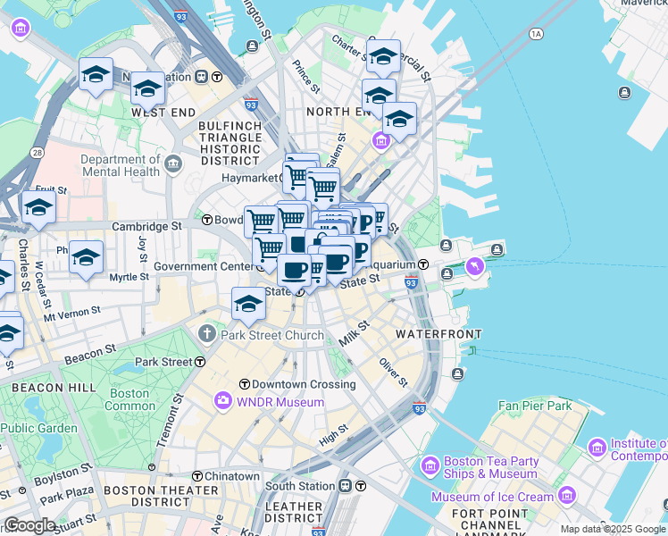 map of restaurants, bars, coffee shops, grocery stores, and more near 1 Faneuil Hall Square in Boston