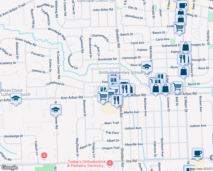 map of restaurants, bars, coffee shops, grocery stores, and more near 44567 Pinetree Drive in Plymouth