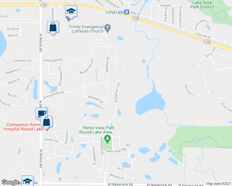 map of restaurants, bars, coffee shops, grocery stores, and more near 623 North Overlook Trail in Round Lake