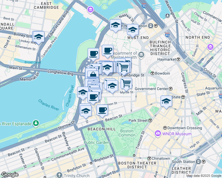 map of restaurants, bars, coffee shops, grocery stores, and more near 34 Grove Street in Boston