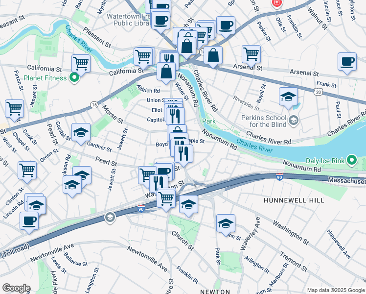 map of restaurants, bars, coffee shops, grocery stores, and more near in Watertown
