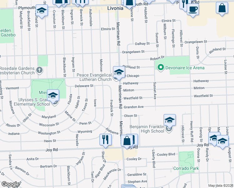 map of restaurants, bars, coffee shops, grocery stores, and more near 31395 Minton in Livonia