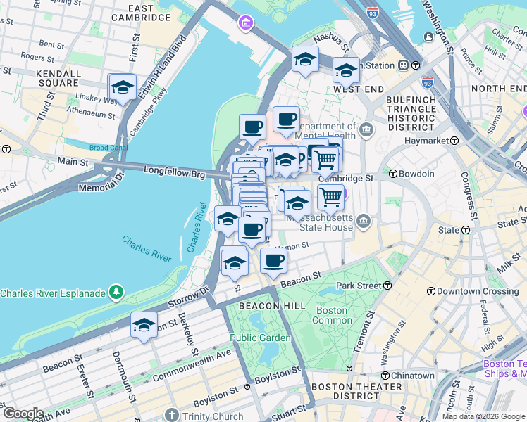 map of restaurants, bars, coffee shops, grocery stores, and more near 55 West Cedar Street in Boston