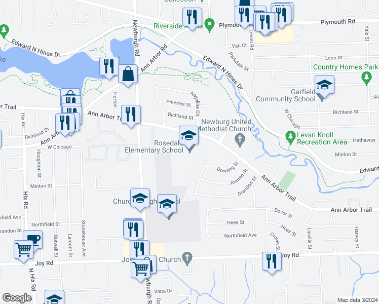 map of restaurants, bars, coffee shops, grocery stores, and more near 36651 Ann Arbor Trail in Livonia