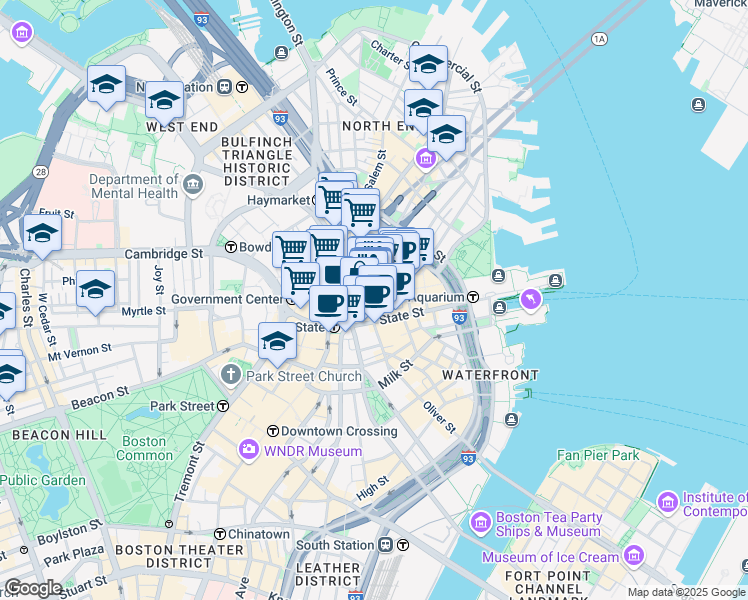 map of restaurants, bars, coffee shops, grocery stores, and more near 1 Faneuil Hall Square in Boston