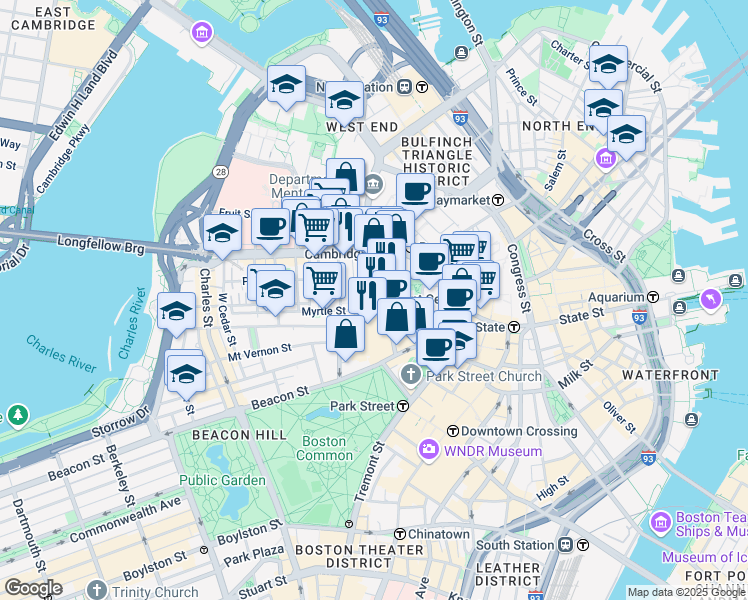 map of restaurants, bars, coffee shops, grocery stores, and more near in Boston