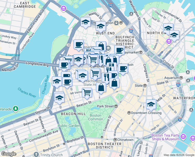 map of restaurants, bars, coffee shops, grocery stores, and more near 72 Joy Street in Boston
