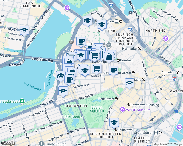 map of restaurants, bars, coffee shops, grocery stores, and more near 45 1/2 Garden Street in Boston
