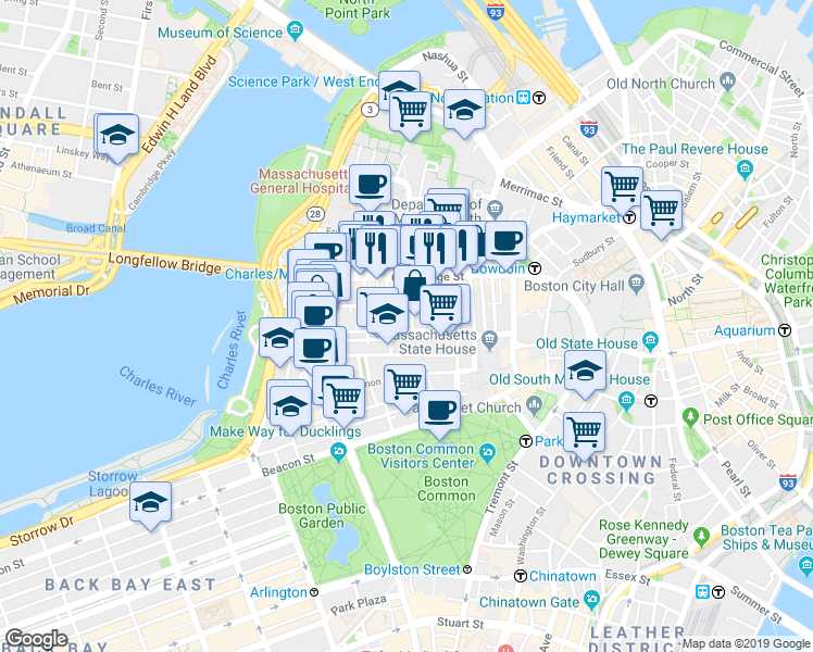 map of restaurants, bars, coffee shops, grocery stores, and more near 45 1/2 Garden Street in Boston