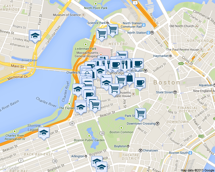 map of restaurants, bars, coffee shops, grocery stores, and more near 45 1/2 Garden Street in Boston