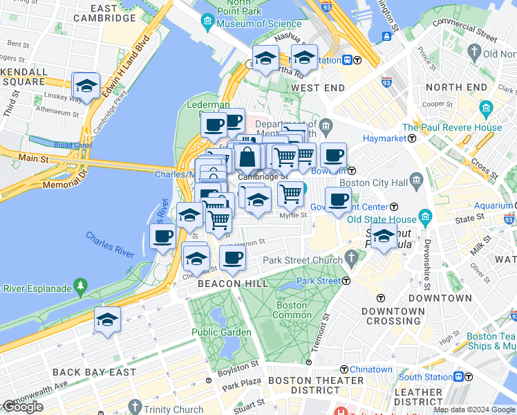map of restaurants, bars, coffee shops, grocery stores, and more near in Boston
