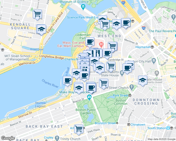 map of restaurants, bars, coffee shops, grocery stores, and more near 67 West Cedar Street in Boston
