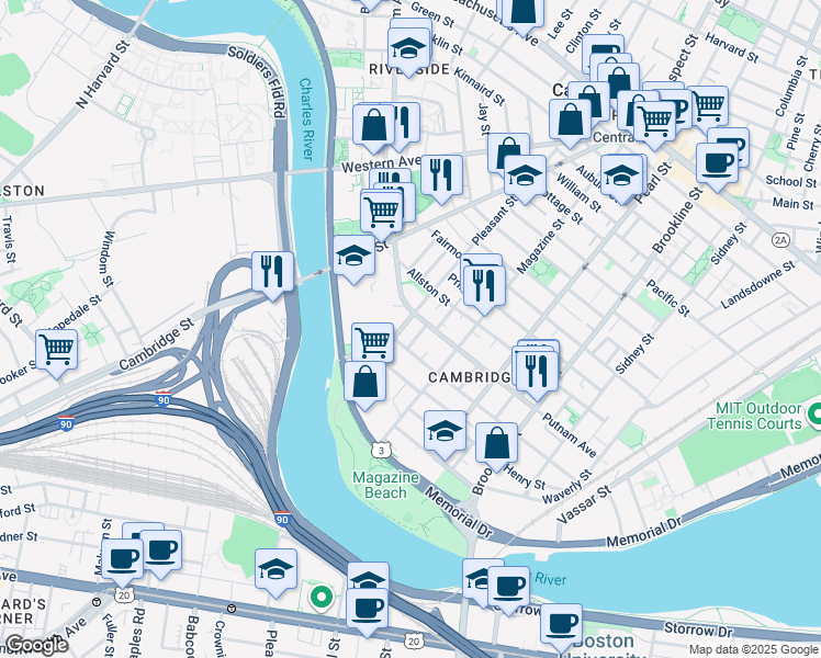 map of restaurants, bars, coffee shops, grocery stores, and more near in Cambridge