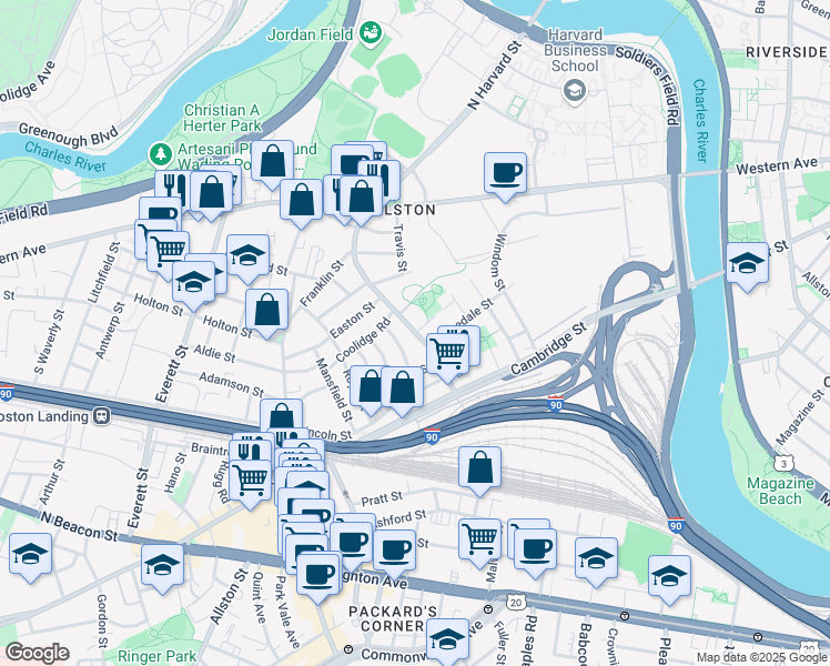 map of restaurants, bars, coffee shops, grocery stores, and more near 291 North Harvard Street in Boston