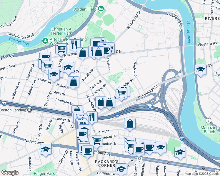map of restaurants, bars, coffee shops, grocery stores, and more near 291 North Harvard Street in Boston