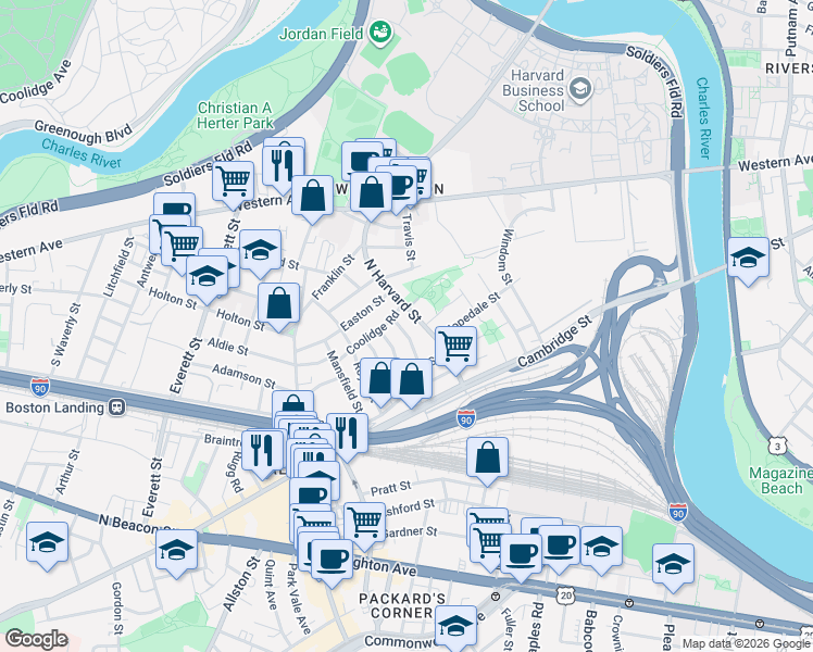 map of restaurants, bars, coffee shops, grocery stores, and more near 291 North Harvard Street in Boston