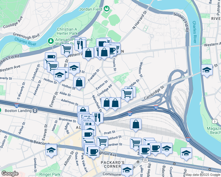 map of restaurants, bars, coffee shops, grocery stores, and more near 291 North Harvard Street in Boston