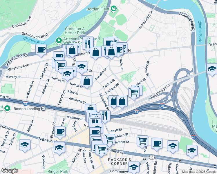 map of restaurants, bars, coffee shops, grocery stores, and more near 24 Easton Street in Brookline