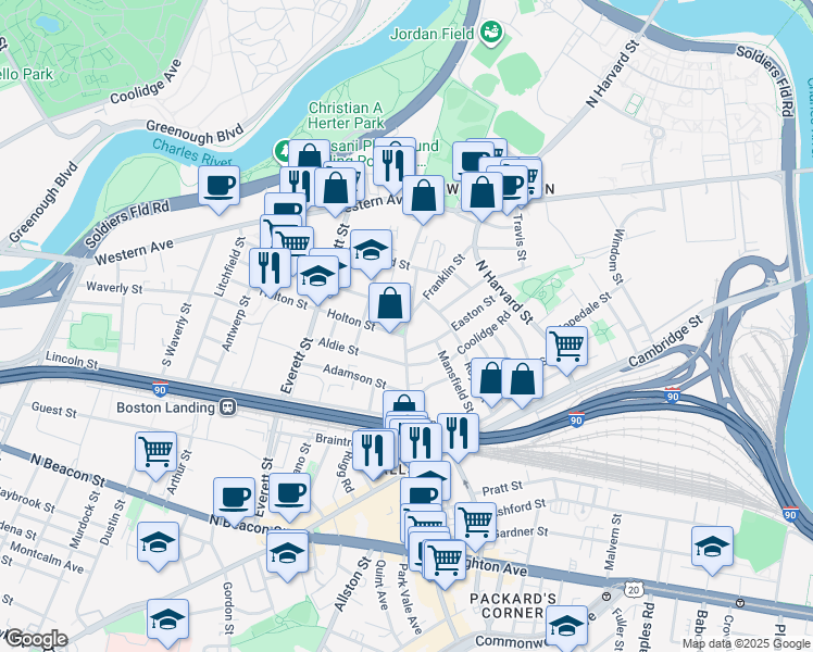 map of restaurants, bars, coffee shops, grocery stores, and more near 116 Franklin Street in Boston