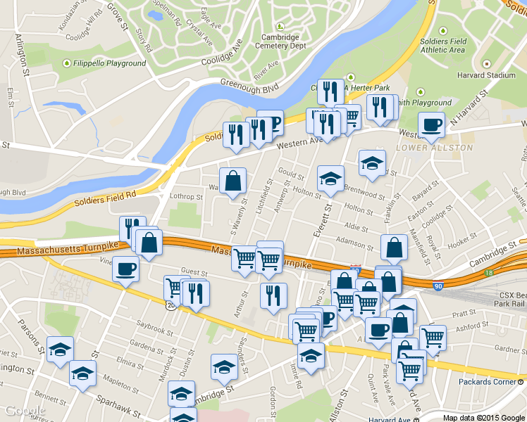 map of restaurants, bars, coffee shops, grocery stores, and more near 53-55 Litchfield Street in Boston