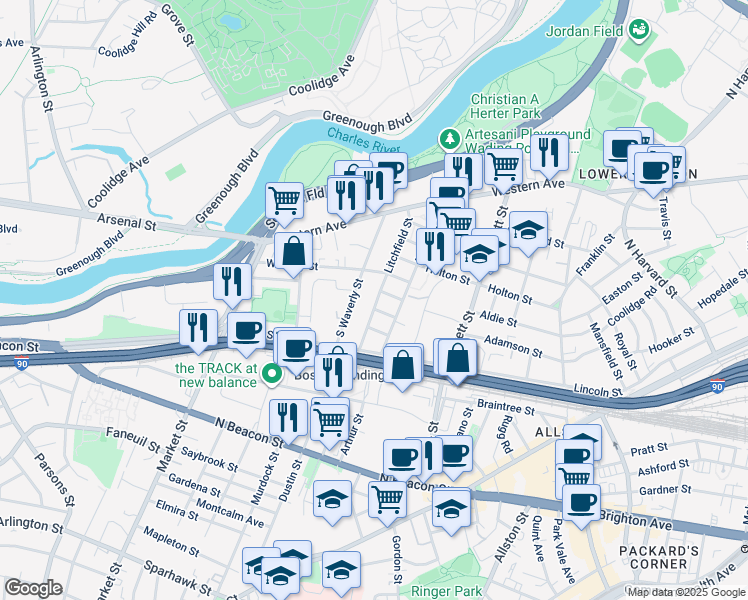 map of restaurants, bars, coffee shops, grocery stores, and more near 25 Duval Street in Boston